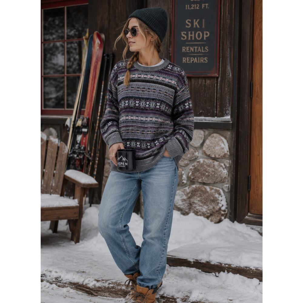 Vintage Studio Works Fair Isle Nordic Sweater Gray Purple Ramie Cotton M
